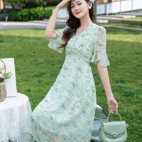 Váy liền lụa lạnh Áo lông vũ nhẹ quần áo nữ mẫu mới 2024 váy liền dài hoa lá sen tôn dáng gầy che bụng cao cấp mùa hè