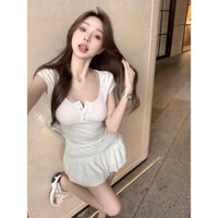 Váy liền Ngắn Tay Cổ Vuông Màu Trắng Váy Ngắn Chữ a HOT GIRL gợi cảm thuần khiết mùa hè cho nữ váy bánh bèo eo xếp ly em nhung nhớ lưới OH CUJJ