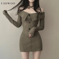 Váy Liền Thân Dài tay thon gọn ôm sát Trễ Vai Cổ Đeo Chéo UIOWOO