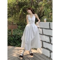 Váy Liền Xếp Ly Có Dây Rút Xẻ Tà Cảm Giác Thiết Kế Váy Hai Dây Dài Thắt Eo Cổ Chữ V Gợi Cảm Mẫu Mới Mùa Hè Cho Nữ