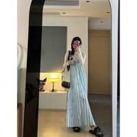 Váy Liền Xếp Ly Sọc Caro Cổ Điển Kiểu Pháp Váy Dài Xòe Rộng Phong Cách Nghỉ Dưỡng Rộng Rãi Cao Cấp Mẫu Mới