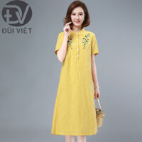 Váy linen vàng thêu hoa trước ngực dáng dài, đầm cổ tàu ngắn tay Đũi Việt - XXL