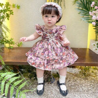 Váy Lolita Hoa Cổ Điển Chất Thô Cotton Kèm Tuban Và Chip 5-17 Kg,Váy Cho Bé Gái Đầy Tháng Sinh Nhật Dự Tiệc