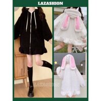 Váy lông nữ dài tay có mũ đính tai thỏ cute form rộng dáng xòe ngắn phong cách ulzzang xinh đẹp - LAZA
