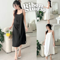 Váy Lụa 2 Dây Maxi Suông RIBON Đầm Đi Biển Dáng Dài Mặc Công Sở đi Ngủ Trẻ Trung Màu Trắng Đen