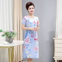 Váy lụa Cotton mùa hè của mẹ có thể mặc bên ngoài người cao tuổi trung niên Váy ngủ ngắn tay giữa @ -