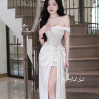 váy lụa dáng dài,váy trễ vai dáng dài chất lụa phối ren mặc đi chơi dự tiệc siêu sang và nổi bật B395