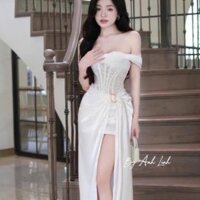 váy lụa dáng dài,váy trễ vai dáng dài chất lụa phối ren mặc đi chơi dự tiệc siêu sang và nổi bật B395