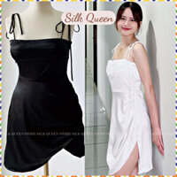 Váy lụa dây rút hông tà xéo, đầm ngắn 2 dây dể thương