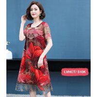 Váy lụa vân hoa cổ tròn [có ảnh thật]