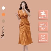 Váy màu cam đất đầm trắng dự tiệc N139 thiết kế xoắn eo cao cấp giúp tôn dáng sáng da váy xòe nhẹ NER.VN
