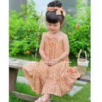 Váy Maxi 2 dây kèm Turban vàng cam, hoa nhí chân váy bèo hở lưng đáng yêu cho bé gái