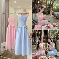 Váy Maxi Bo Chun Cúp Nguc Nơ Nhún Trước Dáng Xoè - Đầm Đi Biển Xinh