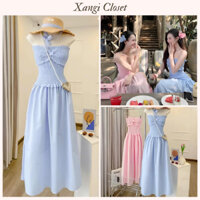Váy Maxi bo chun cúp ngực phối nơ to ôm body viền eo dáng dài chất liệu thô Hàn
