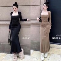 Váy Maxi Body Cổ Vuông Nhún Eo Phối Đuôi Cá Tôn Dáng Che Khuyết Điểm (Ảnh Thật Trải Sàn) Lollaye