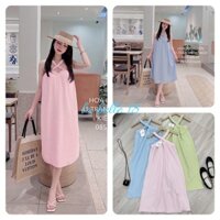 Váy maxi cổ yếm dây chéo Đầm đũi xốp ô vuông hở vai Đầm bầu mặc được