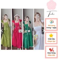 Váy Maxi dài nơ lưng cánh tiên đi biển xanh hồng trắng