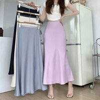 Váy Maxi đuôi cá Váy Satin giả lụa thanh lịch dành cho nữ Váy công sở chữ A eo cao màu trơn (Đen, S)