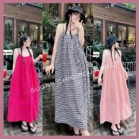 Váy maxi hai dây caro phong cách Hàn Quốc, Đầm maxi hai dây đầm caro xếp ly siêu đẹp,Váy 2 dây dáng dài đi biển M35