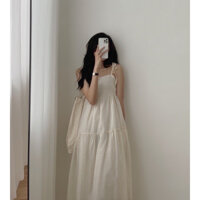 Váy maxi hai dây voan tơ ba lớp, Đầm buộc nơ hai vai bồng bềnh đi biển siêu xinh nhẹ nhàng cho nữ