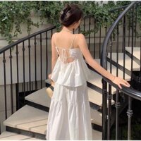 Váy maxi hở lưng đi biển cột nơ xoè tầng form 2 lớp đi du lịch chụp ảnh màu trắng dễ thương trơn mùa hè nữ tính hàn quốc