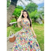 Váy maxi hoa dây cột vai , đầm voan hoa xoè nối tầng nhún thun ngực NS040