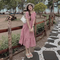 Váy maxi nữ đuôi cá cộc tay kẻ hồng, đầm váy bầu dáng dài nhẹ nhàng