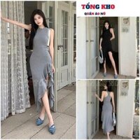 Váy maxi ôm body cổ yếm xẻ tà bèo sang chảnh, Đầm có mút ngực tôn dáng sexy quyến rũ - TONGKHO