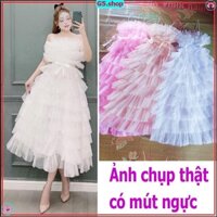 Váy Maxi Tầng Lưới tiểu thư voan tơ 2 dây Có Mút Ngực - đầm Nữ trễ vai công chúa phong cá