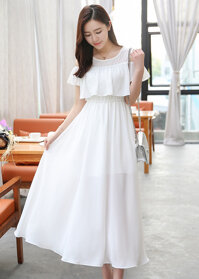 Váy maxi xòe voan đẹp trơn màu, đầm đi biển có bèo xinh xắn, dễ mặc, có size lớn  MX017 - Trắng - S