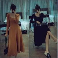 Váy midi len zip cổ U nữ - Đầm dáng xòe tay dài thun trơn bánh bèo tiểu thư ulzzang HOT 💝