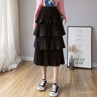 Váy midi nữ] Váy xếp ly cổ tích 2025 Xuân Thu 1229 Váy dài vừa thu mới [Váy nhiều lớp Váy chấm bi Váy bánh chiffon