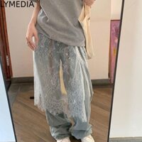 Váy Midi ren LYMEDIA, Váy dây rút ren xẻ bên eo cao, xuyên thấu hoa thêu Y2K Dạo phố ren Váy dài hông Khăn trang trí quần jean