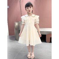 Váy mùa hè cho bé gái, mới, mỏng, màu sắc đồng nhất, ren, cổ Peter Pan, phong cách công chúa phương Tây, váy midi A-line ngọt ngào dễ thương