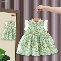 Váy mùa hè cho bé gái Váy xếp ly hoa màu xanh lá cây Đầm nơ