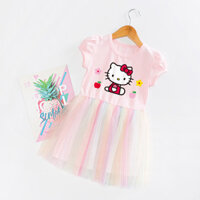 Váy mùa hè cho trẻ em Hello Kitty, họa tiết mèo KT, trang phục trẻ em, váy công chúa mùa hè cầu vồng cho bé gái