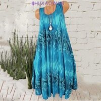 Váy mùa hè nữ ZHUXAOWAN, Váy chống nắng đi biển không tay thời trang, Áo choàng cổ tròn in hoa sang trọng phong cách Bohemian