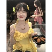 Váy mùa hè, phong cách chanh, đa năng, dây đeo không đều, năng động cho cô gái, viền váy, áo hoa hồng thời thượng, giảm cân mùa hè