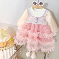 Váy mùa xuân cho bé gái Váy phong cách phương Tây thời trang cho trẻ sơ sinh Bộ đồ hai mảnh giả Váy dài tay phong cách mới
