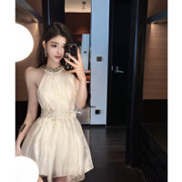 Váy ngắn cổ yếm đính đá phối ren chất tơ cao cấp, đầm yếm tiểu thư đi tiệc VY07