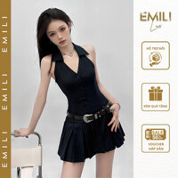 Váy ngắn cổ yếm kẻ sọc phối đai Emili đầm sát nách ngắn dáng xoè phong cách Hàn Quốc [T1300]