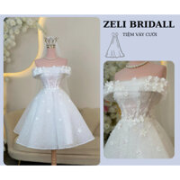 váy ngắn đi tiệc, đi bàn cô dâu tùng vi tính xoè tự nhiên vai ngang, dáng qua đầu gối