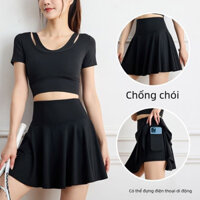Váy ngắn thể thao giả hai mảnh váy xếp ly nhanh khô cho nữ yoga Tennis Cầu Lông chạy bộ tập thể dục Chân Váy chống hở nửa người