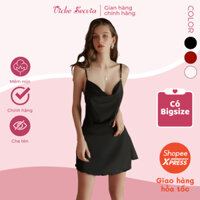 Váy ngủ 2 dây cổ đổ có bigsize, đầm ngủ gợi cảm họa tiết cánh bướm chất liệu lụa phối ren cao cấp VICKE SECVIA 4106