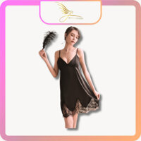 Váy Ngủ 2 Dây, Đầm Ngủ Sexy JUNA Freesize Thời Trang Đồ Ngủ Dành Cho Nữ Chất Lụa Phối Ren Cao Cấp, Màu Đen/SP989A