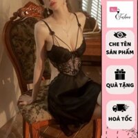 Váy ngủ 2 dây lụa satin,  Đầm ngủ sexy có mút ngực phối ren xuyên thấu gợi cảm-Mây Fashion