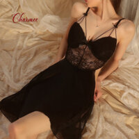 Váy ngủ 2 dây sexy có mút ngực, Đầm ngủ lụa phối ren gợi cảm Charmee