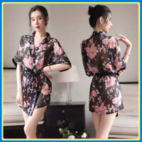 Váy ngủ choàng kimono in hoa cao cấp Q418 - Áo choàng ngủ sexy gợi cảm - Đầm ngủ nữ - Đồ ngủ mạc nhà - Freesize 45kg-60kg - Hoa hồng đen