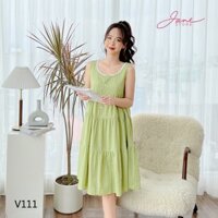 Váy ngủ dáng xòe sát nách phối cổ ren Đồ ngủ mặc nhà chất đũi mềm cực mát mẻ Jane mã V11