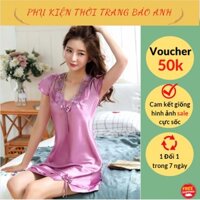 Váy ngủ, đồ ngủ lụa phối ren hoa đính nơ, đầm ngủ tay ngắn sát lách đồ mặc nhà